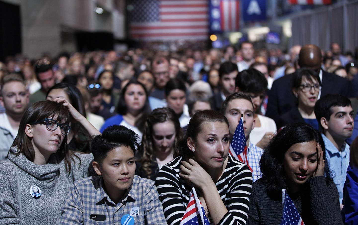 Supporters of the Democratic candidate Hillary Clinton at the Jacob K. Javits Convention Center in New York on November 9, 2016.